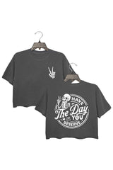 Have The Day You Deserve Gray Round Neck Crop Top For Women