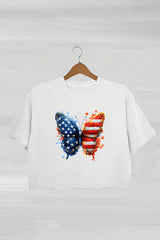 USA Floral Butterfly Teacher Crop Tee For Women