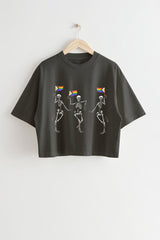 LGBTQ Skeletons With Progress Pride Flags Crop Tee For Women