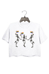 LGBTQ Skeletons With Progress Pride Flags Crop Tee For Women