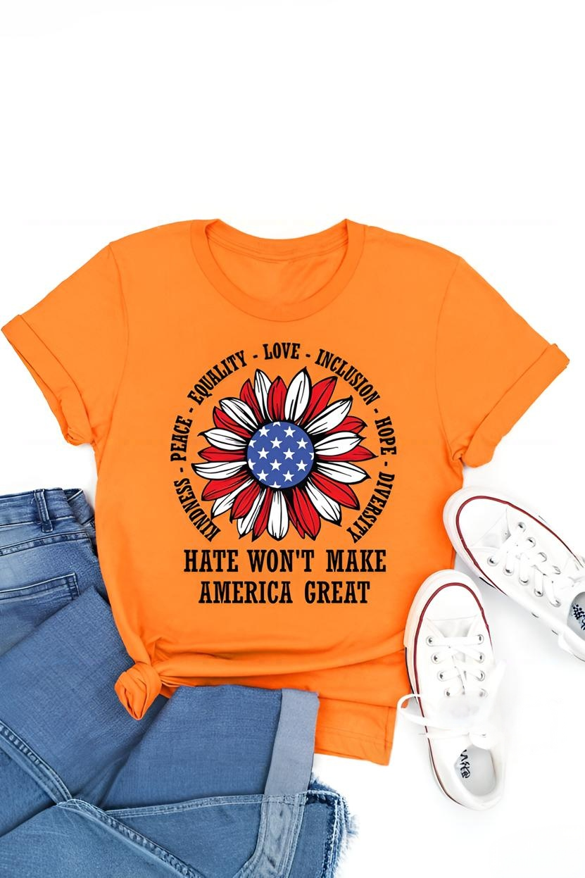 Kindness Peace Love Hate Won't Make America Great Teacher Tee