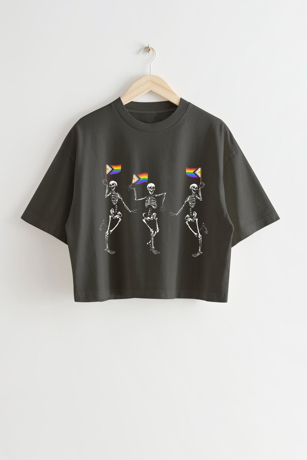 LGBTQ Skeletons With Progress Pride Flags Crop Tee For Women