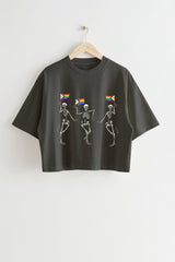 LGBTQ Skeletons With Progress Pride Flags Crop Tee For Women