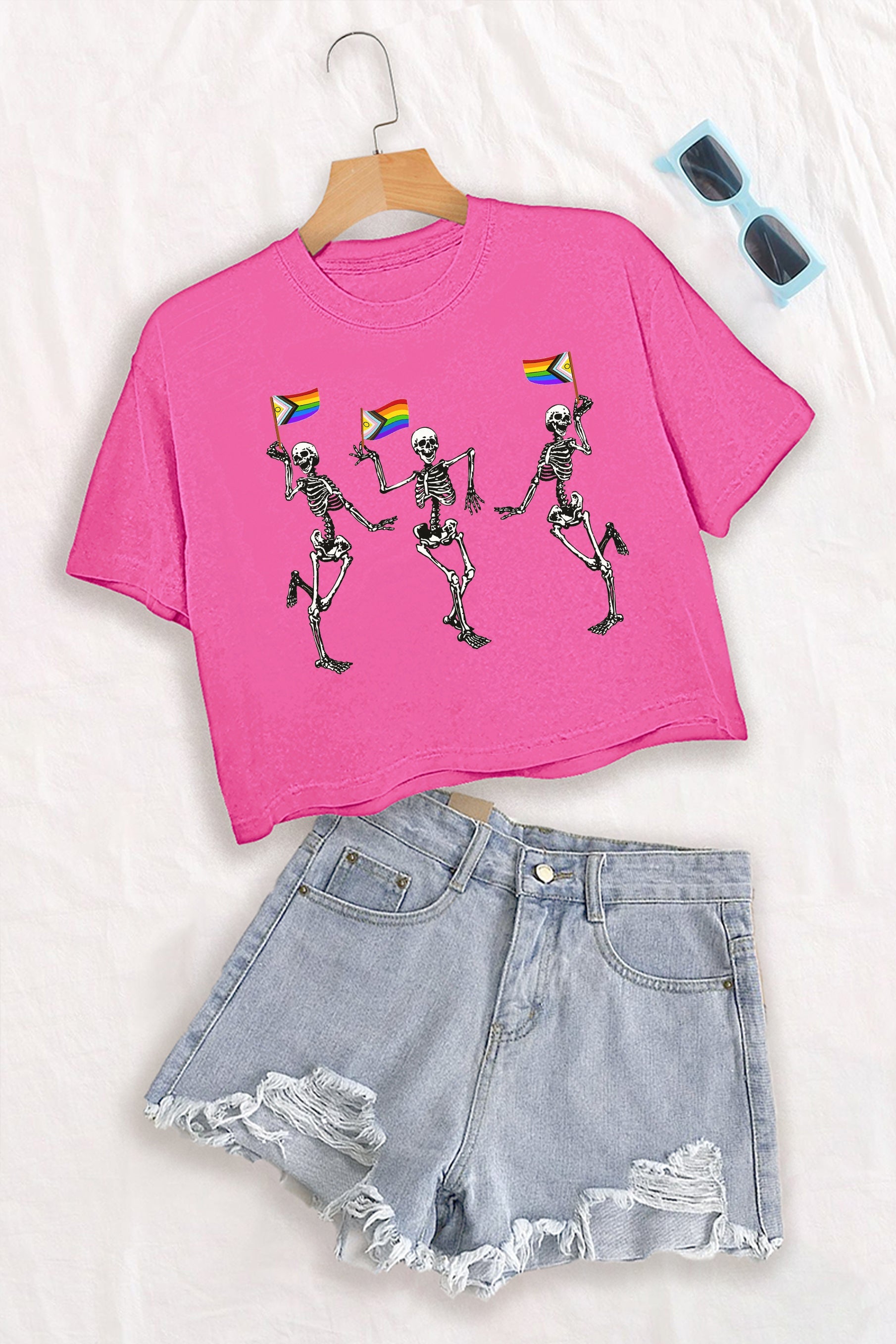 LGBTQ Skeletons With Progress Pride Flags Crop Tee For Women