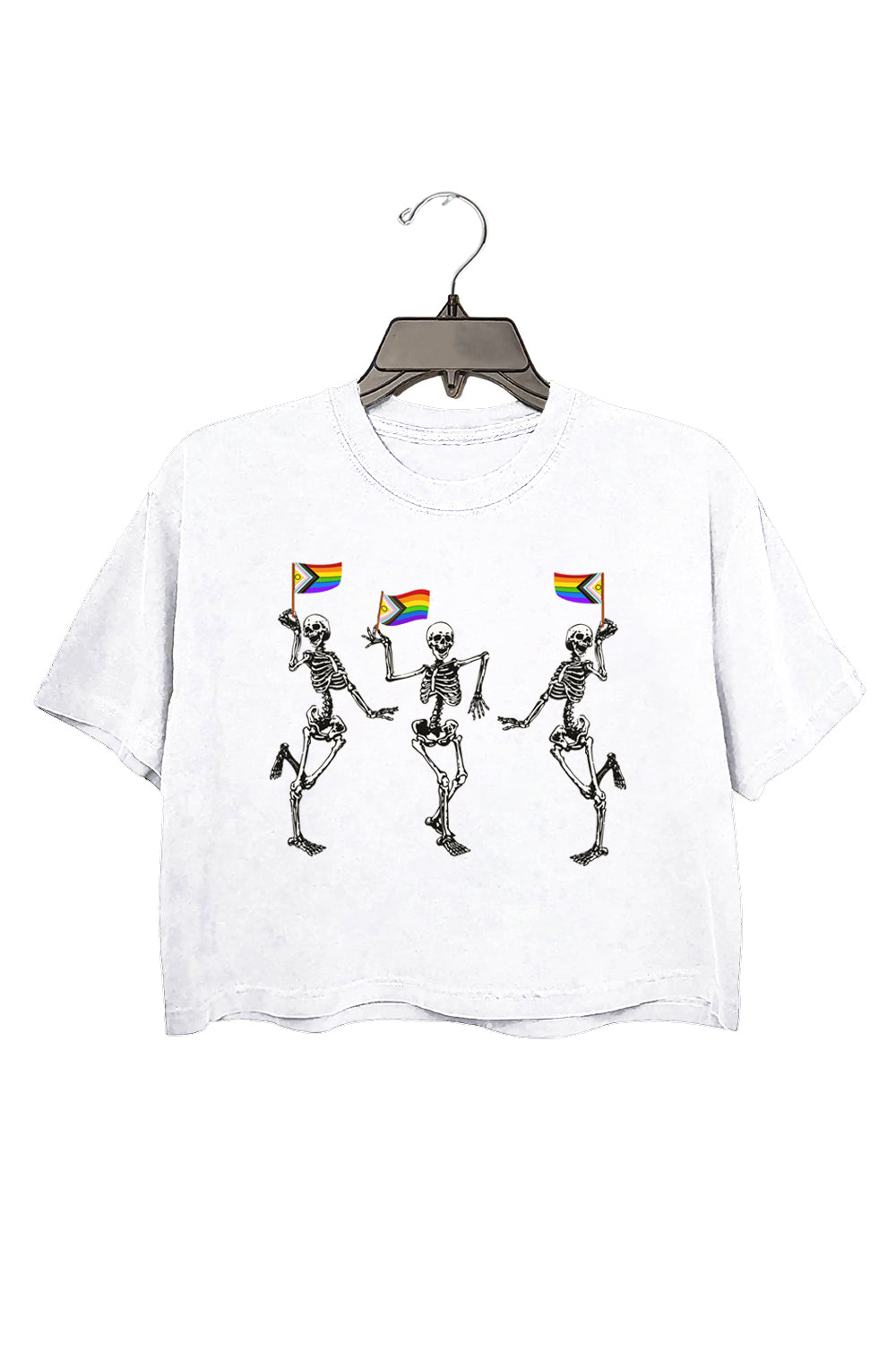 LGBTQ Skeletons With Progress Pride Flags Crop Tee For Women