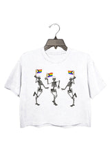 LGBTQ Skeletons With Progress Pride Flags Crop Tee For Women